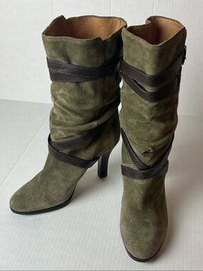 Sofft Olive Green Suede Mid-Calf Heeled Boots with Dark Brown Strap Detail Sz 8